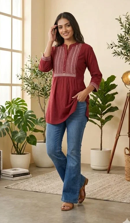 Naisha K 789 Cotton Flex Embroidery Wholesale Short Top In India
